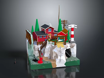 Miniature Scene Model Featuring Red Houses Green Trees Lighthouse Bridge Cave And Ladder 3d model