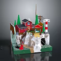 Miniature Scene Model Featuring Red Houses Green Trees Lighthouse Bridge Cave And Ladder