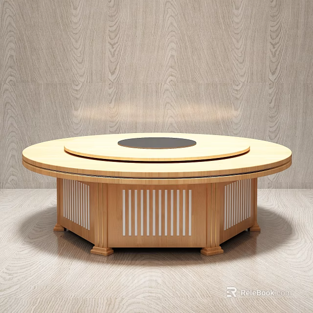 Round Wooden Dining Table With Black Center And Vertical Stripes Base 3d model