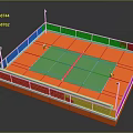Outdoor Tennis Court Design With Green Area Orange Surface Fence And Light Poles