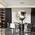 Elegant Modern Dining Table Set With Round Pendant Light Marble Floor And Wine Cabinets 3d model