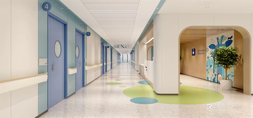 Bright Clean Elevator Hallway With Blue Doors And Colorful Floor Patterns 3d model 