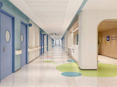 Bright Clean Elevator Hallway With Blue Doors And Colorful Floor Patterns 3d model