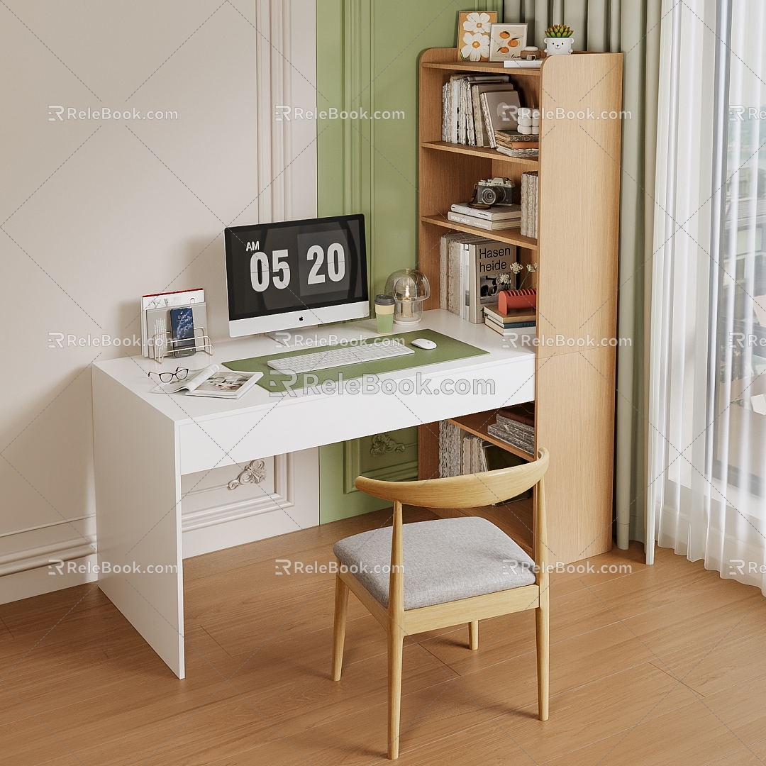 French Cream Style Desk and Chair Combination Bookcase Table Computer Table and Chair Learning Table and Chair Display Display Decoration Green Plant Books 3d model