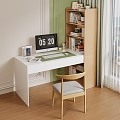 French Cream Style Desk and Chair Combination Bookcase Table Computer Table and Chair Learning Table and Chair Display Display Decoration Green Plant Books 3d model