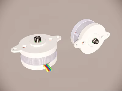 Two White Stepper Motors with Circular Casing Mounting Holes Top Connectors and Colorful Wires 3d model