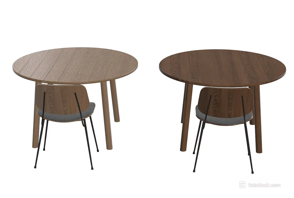 Round Wooden Table And Chair Sets With Gray Cushions And Black Metal Legs 3d model 
