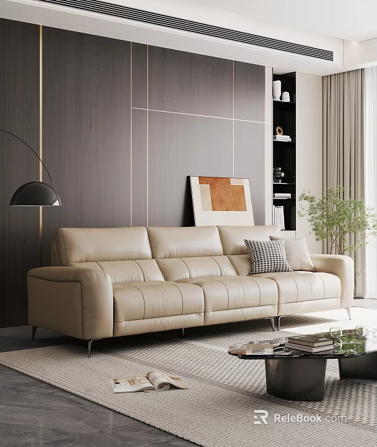 Modern Beige Leather Three Seater Sofa In Living Room With Wooden Wall And Floor Lamp 3d model 
