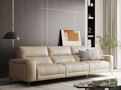 Modern Beige Leather Three Seater Sofa In Living Room With Wooden Wall And Floor Lamp 3d model