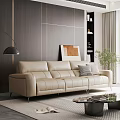 Modern Beige Leather Three Seater Sofa In Living Room With Wooden Wall And Floor Lamp