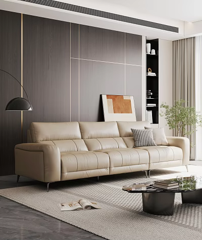 Modern Beige Leather Three Seater Sofa In Living Room With Wooden Wall And Floor Lamp 3d model