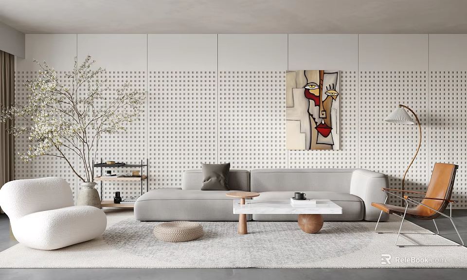 Modern Living Room Sofa Coffee Table Set With Polka Dot Wall Art And Floor Lamp 3d model 