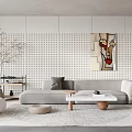 Modern Living Room Sofa Coffee Table Set With Polka Dot Wall Art And Floor Lamp