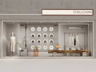 CHILLCHAN Storefront Window Display With White Dress Mannequin Circular Panels Hanging Clothes And Wooden Table 3d model