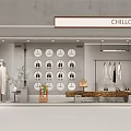 CHILLCHAN Storefront Window Display With White Dress Mannequin Circular Panels Hanging Clothes And Wooden Table