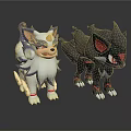 Two Cartoon Animal Characters With White Blue Mane And Black Red Eye Features