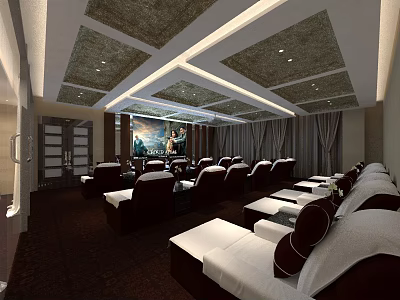 Luxurious Modern Cinema Interior With Comfortable Reclining Seats And Dark Curtains 3d model