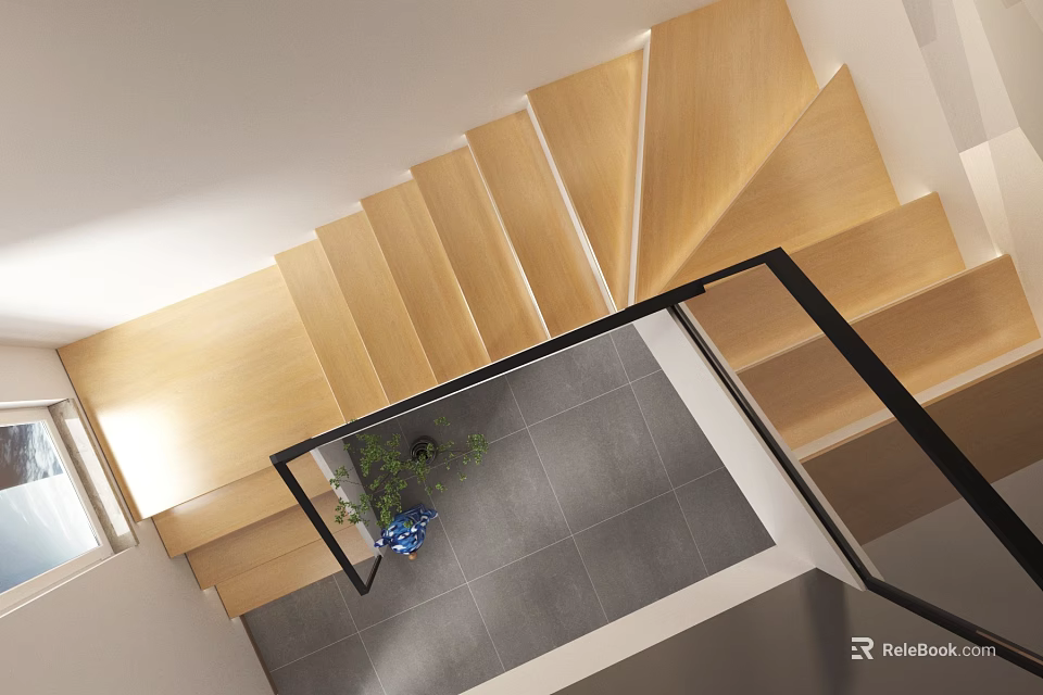 Modern Wooden Staircase Design With Black Handrail Gray Tiled Floor And Potted Plant 3d model 