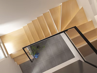 Modern Wooden Staircase Design With Black Handrail Gray Tiled Floor And Potted Plant 3d model