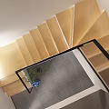 Modern Wooden Staircase Design With Black Handrail Gray Tiled Floor And Potted Plant