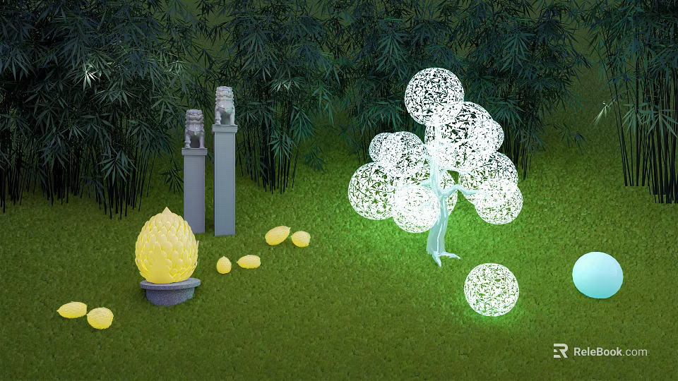 Decorative Outdoor Lights With Pineapple Shaped Pebble Tree And Round Ball In Bamboo Forest Grass 3d model 