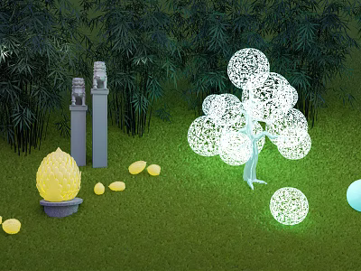 Decorative Outdoor Lights With Pineapple Shaped Pebble Tree And Round Ball In Bamboo Forest Grass 3d model