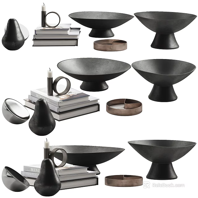 Black Decorative Ornament Set With Bowl Pear Shaped Pieces Stacked Books And Candle 3d model 