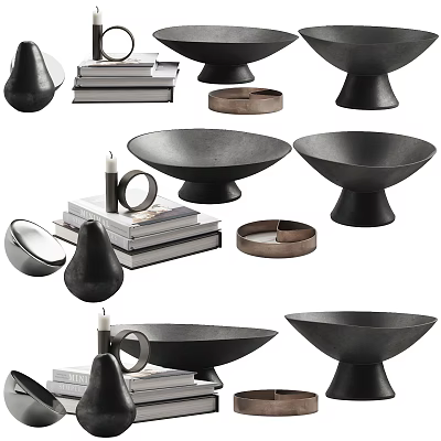 Black Decorative Ornament Set With Bowl Pear Shaped Pieces Stacked Books And Candle 3d model