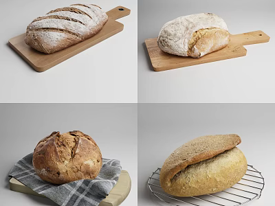 Fresh Homemade Bread Sliced Round Half Loaf on Wooden Board Cloth Metal Rack 3d model