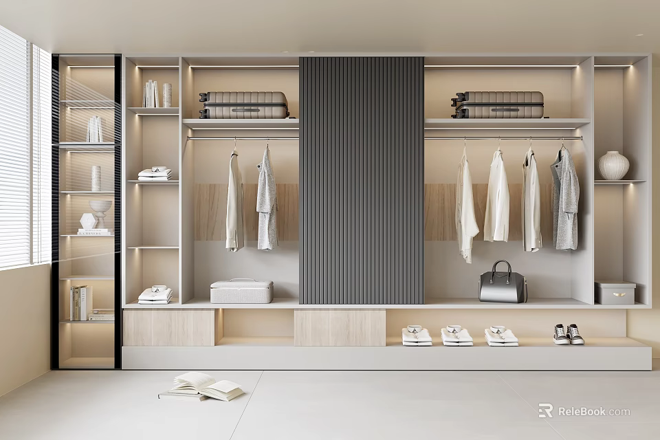 Modern Interior Wardrobe Design With Open Storage Hanging Clothes Folded Items And Shoes 3d model 