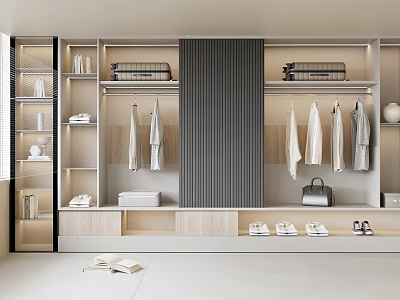 Modern Interior Wardrobe Design With Open Storage Hanging Clothes Folded Items And Shoes 3d model