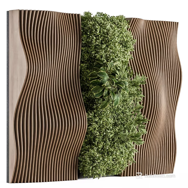 Modern Wooden Background Wall With Wavy Texture And Lush Green Foliage Design 3d model 