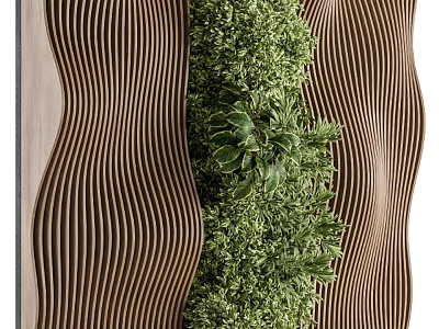 Modern Wooden Background Wall With Wavy Texture And Lush Green Foliage Design 3d model