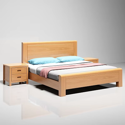 Modern Wooden Double Bed with Headboard Blue Pillows Pink Blanket and Nightstand 3d model