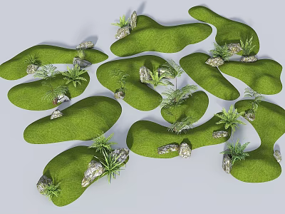 Karesansui Garden Design with Irregular Green Grass Areas Stones and Small Plants 3d model