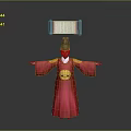 Traditional Chinese Red Robe Costume Figure With Yellow Belt Hat And Scroll Background