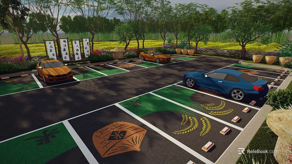 Scenic Parking Lot With Wheat And Straw Hat Patterns Tree Lined Surroundings For Car Parking 3d model 