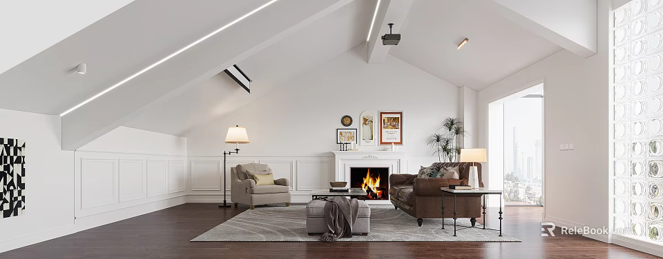 Cozy Living Room Interior Design With Sloped Ceiling Fireplace Sofa Armchair Rug And Wooden Floor 3d model 