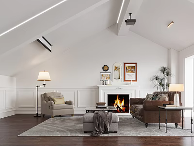 Cozy Living Room Interior Design With Sloped Ceiling Fireplace Sofa Armchair Rug And Wooden Floor 3d model