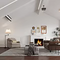 Cozy Living Room Interior Design With Sloped Ceiling Fireplace Sofa Armchair Rug And Wooden Floor
