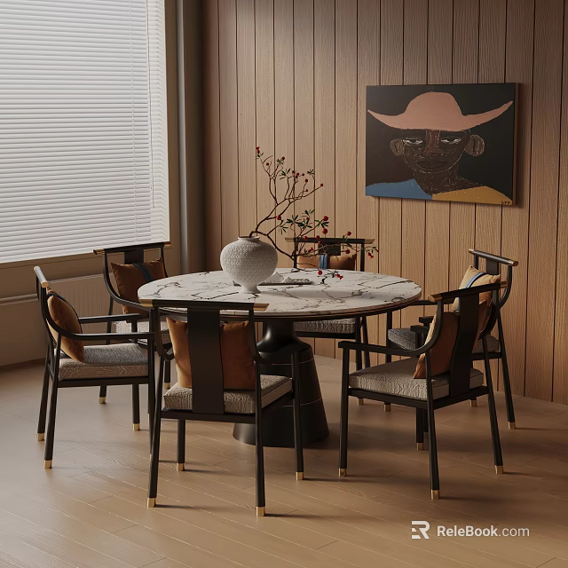 Round Dining Table Set with Marble Top Four Upholstered Chairs Decorative Vase and Abstract Painting 3d model 