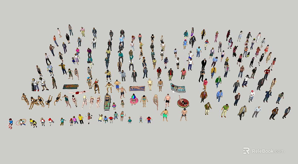 Crowd of People with Various Poses and Activities on Gray Background 3d model 