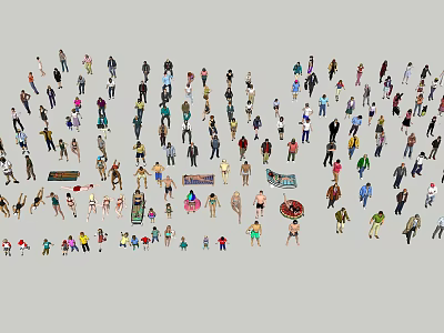 Crowd of People with Various Poses and Activities on Gray Background 3d model