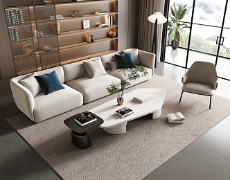 Modern Home Living Room Sofa Coffee Table Combination Fabric Sofa Coffee Table Pillow Leisure Chair Single Sofa Carpet 3d model