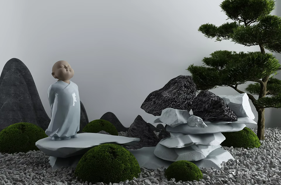 Zen Garden Ornament With Small Monk Statue Stacked Stones Green Moss And Pine Tree 3d model 