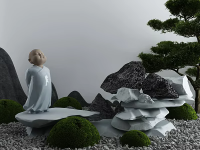 Zen Garden Ornament With Small Monk Statue Stacked Stones Green Moss And Pine Tree 3d model
