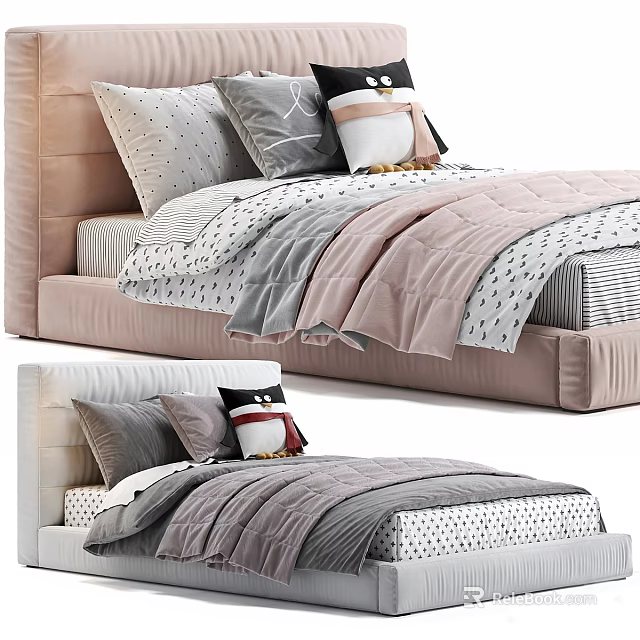 Soft Upholstered Single Bed with Pink Gray Bedding and Decorative Pillows 3d model 