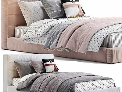 Soft Upholstered Single Bed with Pink Gray Bedding and Decorative Pillows 3d model