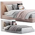 Soft Upholstered Single Bed with Pink Gray Bedding and Decorative Pillows 3d model