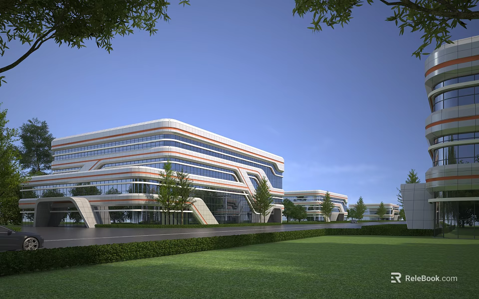 Modern Industrial Factory Building With Glass Curtain Wall And Green Landscaping 3d model 